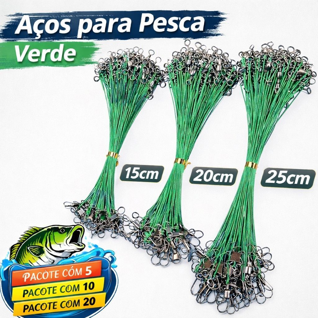 kit Cabo de Aço Pesca Encapado Verde Snap Girador 15cm 20cm 25cm Encastoado Leader Traíra Tucunaré
