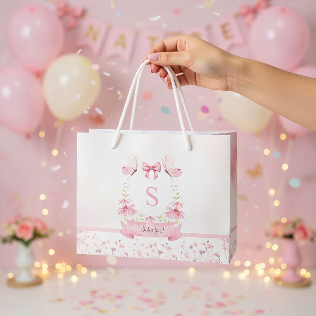 Sacolinhas Personalizadas Jardim Encantado Jardim das Borboletas Florido Rosa ou Lilás Festa Pegue e Monte 15X20