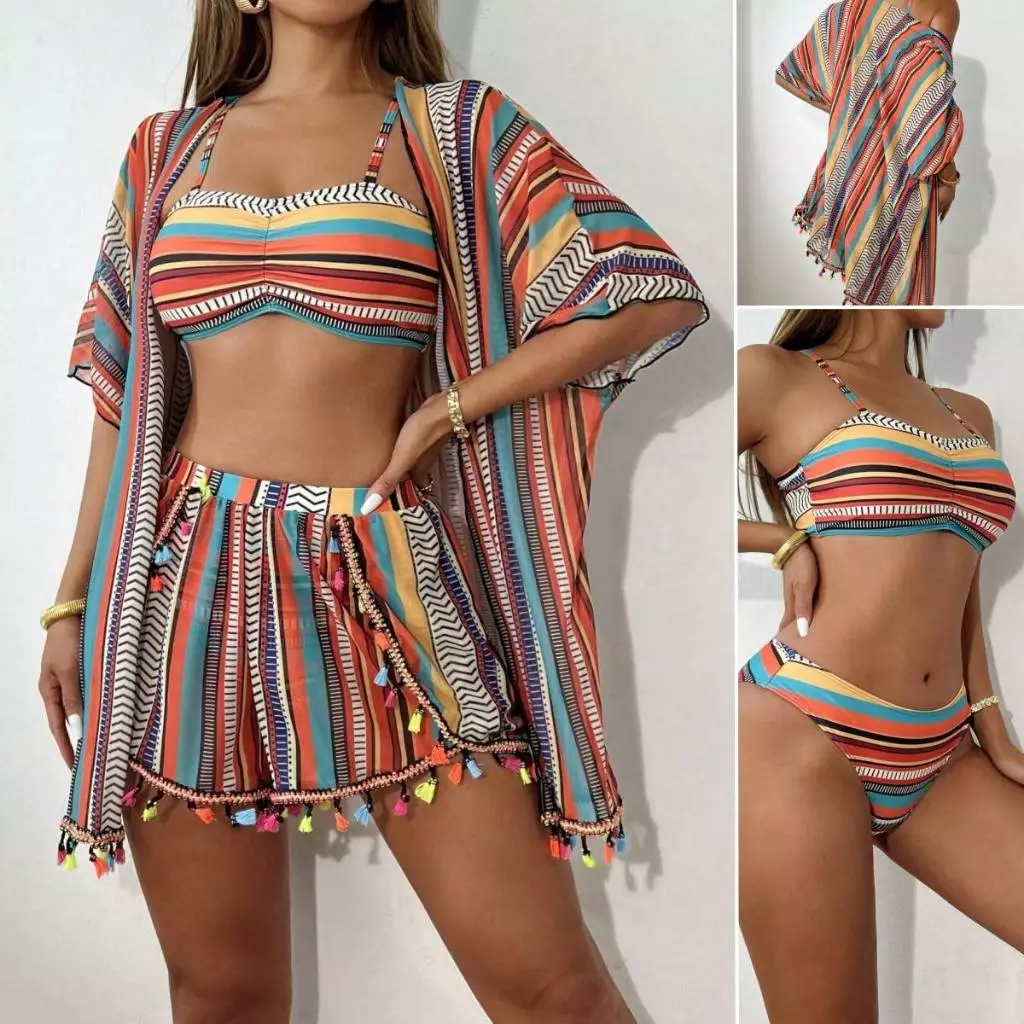 Conjunto De 4 Peças Biquíni Feminino Sexy Estampado Boho Saida de Praia de Banho