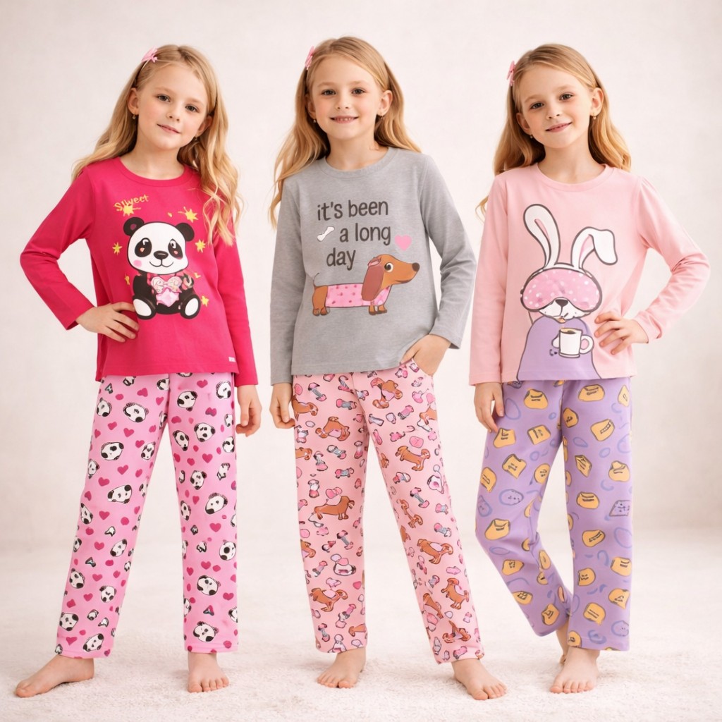 Kit 3 Pijamas Infantis Menina Inverno 100% Algodão Manga Longa 3 Conjuntos Roupa de Dormir 1 ao 14 Anos