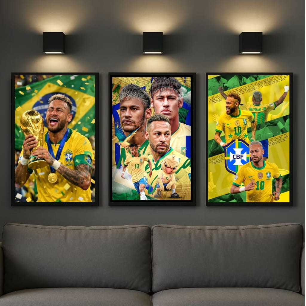 Kit 3 quadros Neymar futebol Brasil camisa 10 jogador decoração quarto sala parede moderno