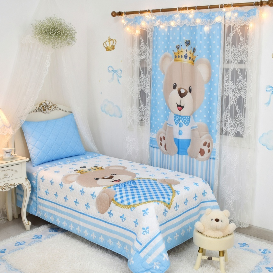 Cobre Leito Infantil Ursinho Realeza Príncipe +  Fronha + Cortina Quarto Meninos Infantil Lançamento