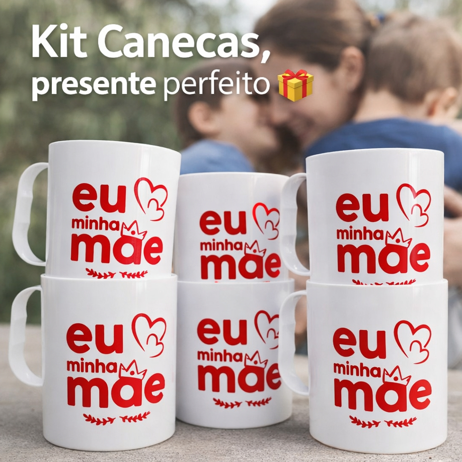 KIT C/ ATÉ 50 CANECAS DIA DAS MÃES, 400ML PLÁSTICO BRANCO C/ ESCRITO EM VERMELHO, PRESENTE, AMOR