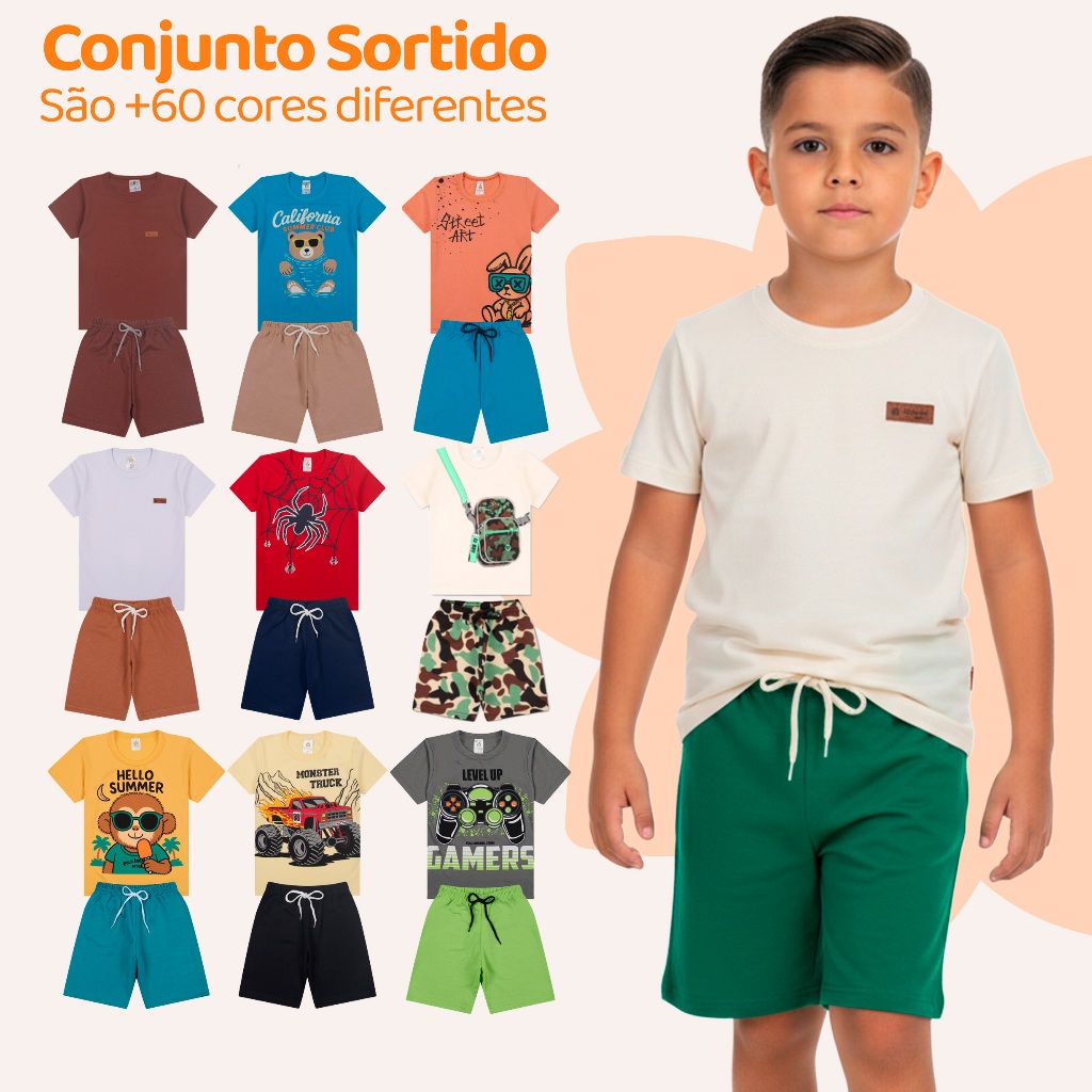 Kit Sortido 4, 10 ou 16 Peças de Roupas Infantil Menino  Camisetas  Bermudas Mas
