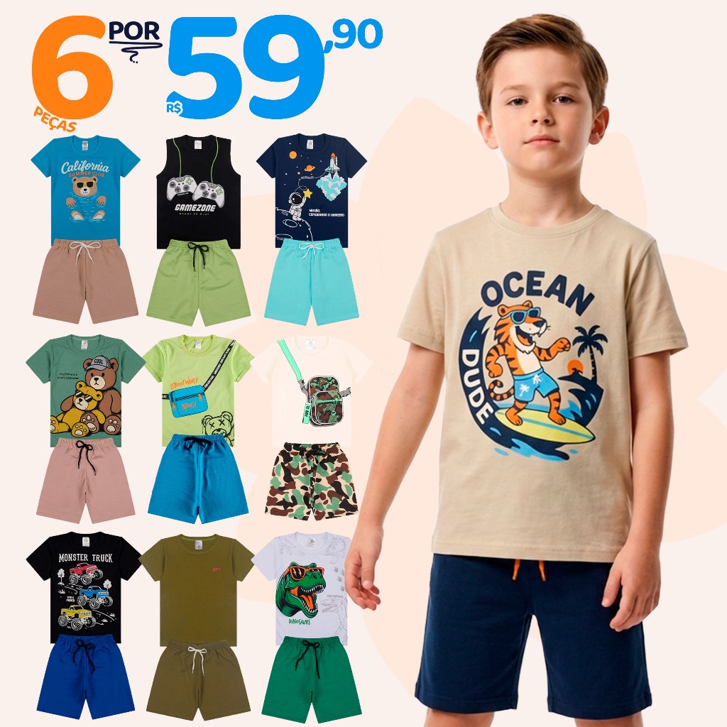 Kit Sortido 6 Peças de Roupas Infantil Menino Verão ( Camisetas + Bermudas) Roup
