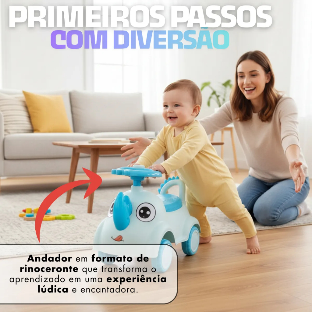 Triciclo Andador Infantil Rinoceronte Didático Resistente carrinho Azul