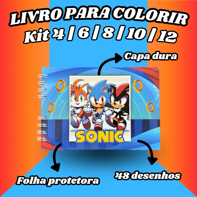 Kit Livro para Colorir 4,6,8,10,12 | Sonic | 48 desenhos | Folhas Grossas | Folha Protetor em Oferta na Shopee