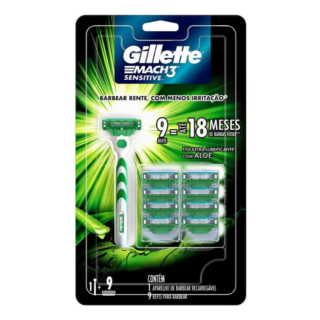 Kit 1 Aparelho de Barbear + 9 Cargas Gillette Mach3 Sensitive Mach 3 Gilete Verde Recarga Gilette Carga Gillete Refil