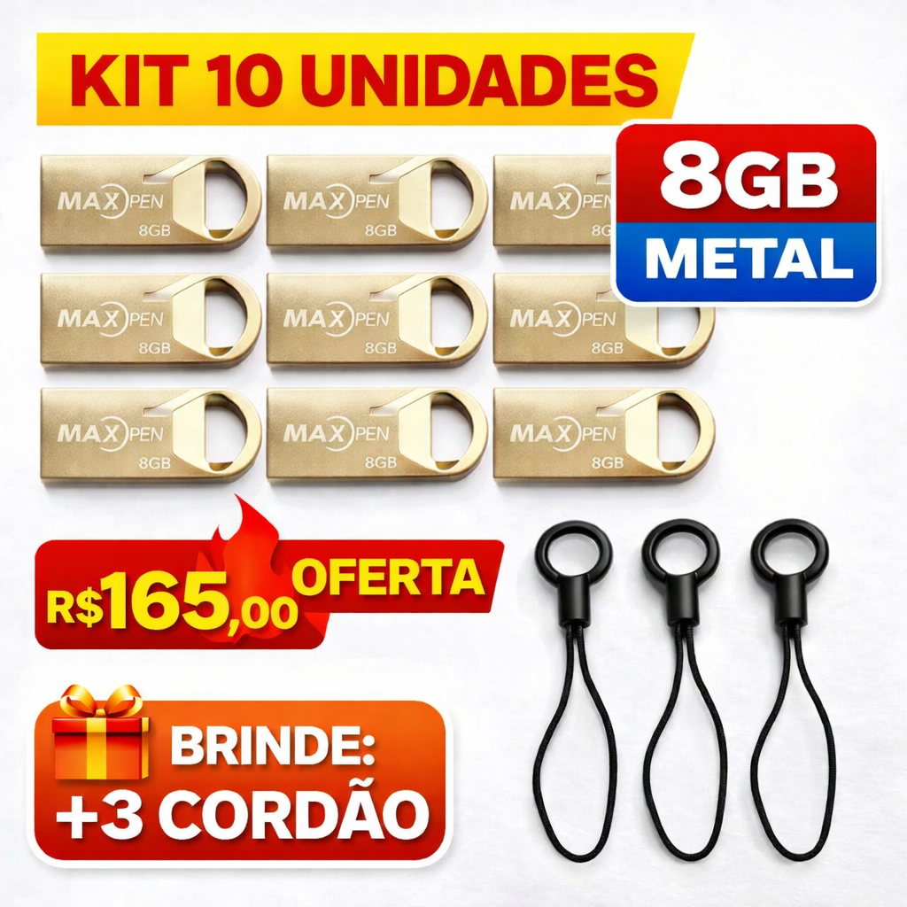 💥 KIT 10 PEN DRIVES 8GB METAL + BRINDE 🎁