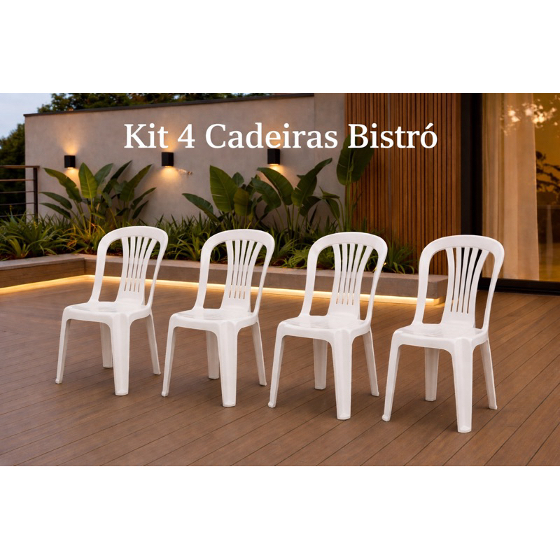 Kit 4 Cadeiras Bistrô Plásticas Branca Jardim Bar Chácara Deck Festa Resistente
