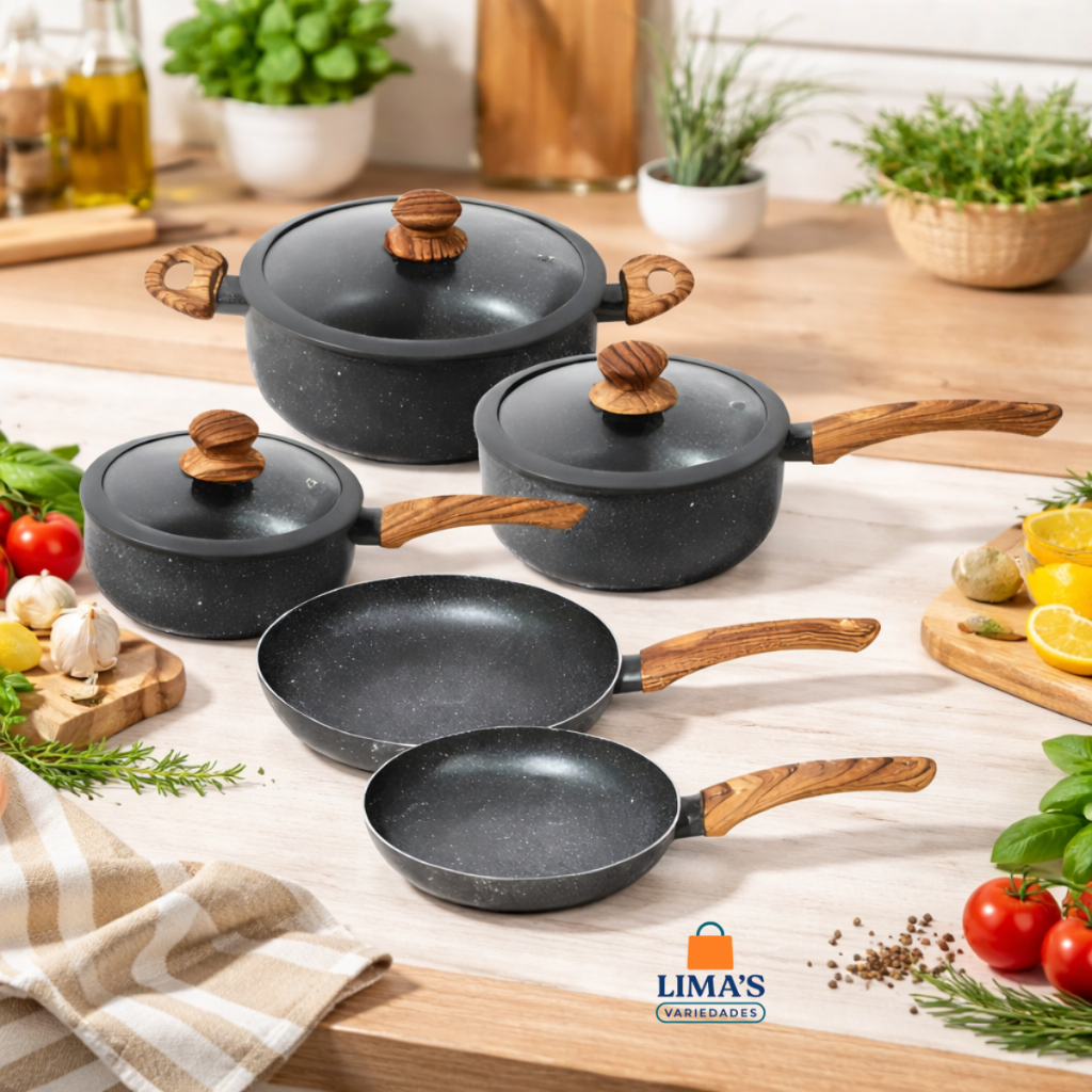 Imagem Jogo De Panelas Antiaderente Revestimento Cerâmico Tampa de Vidro Indução e Gás 5 Peças