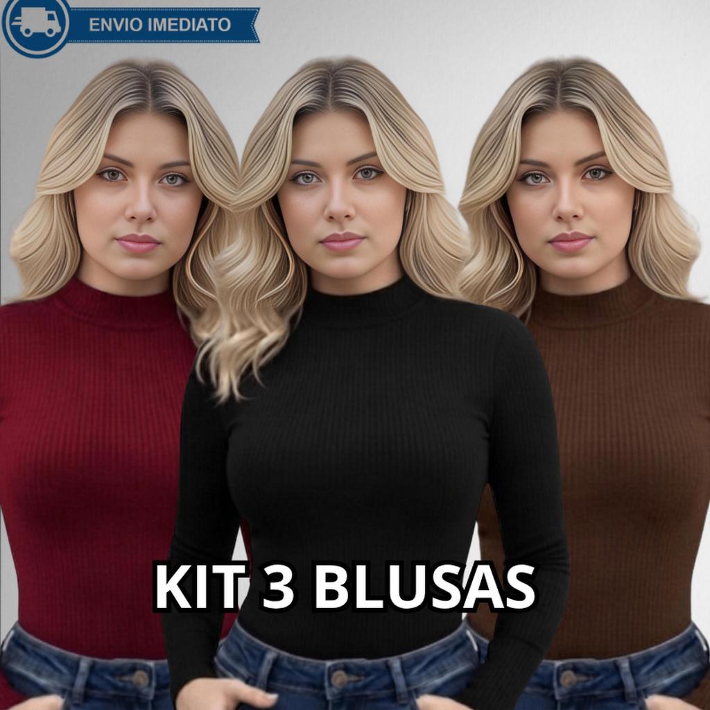 KIT 3 Blusas Feminina Manga Longa Cacharrel Confortável Básico Gola Alta Canelado Premium