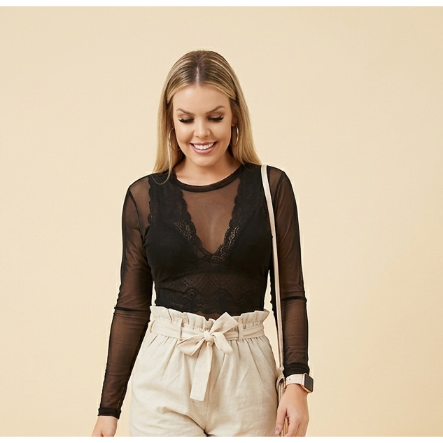 Body tule feminino manga longa tule transparente preto e oncinha tendência  inverno