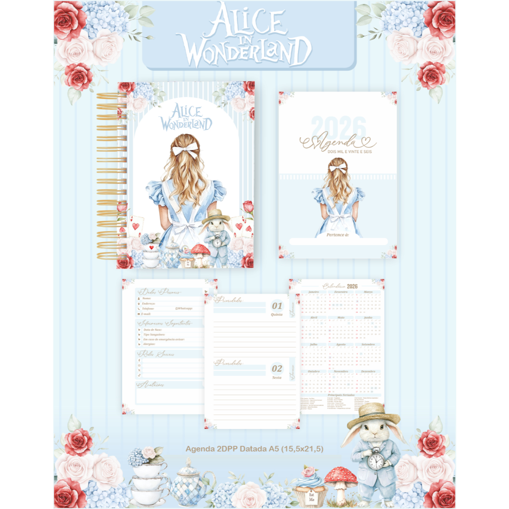 COLEÇÃO ALICE PERSONALIZADO – AGENDA + PLANNER + CANECA + BLOCO | PRESENTE  CRIATIVO E EXCLUSIVO