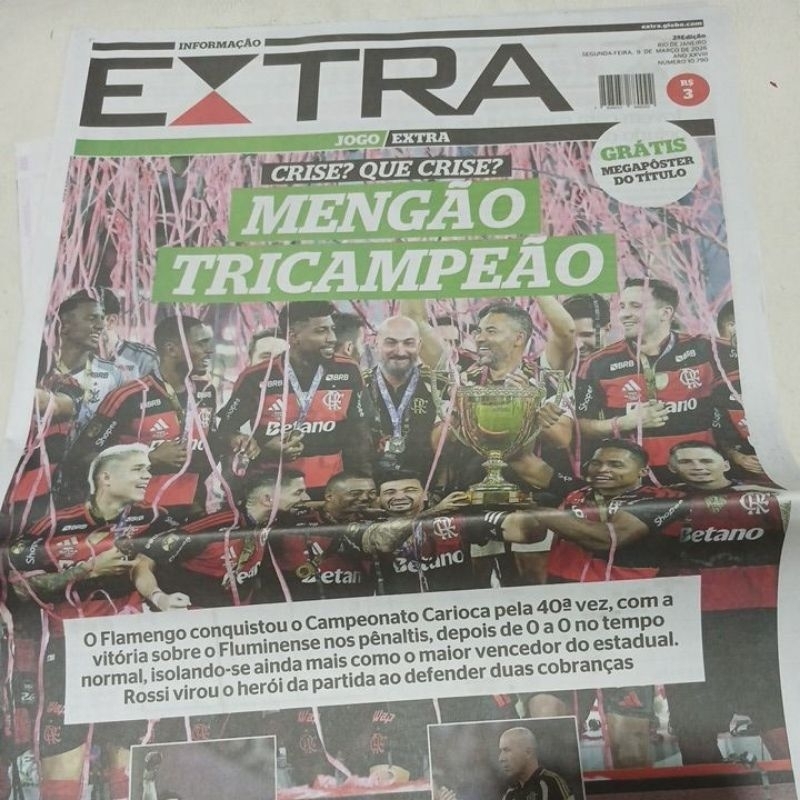 jornal extra Flamengo tricampeão 2026 mega pôster Pelé samira bbb 26 Adriano toloza