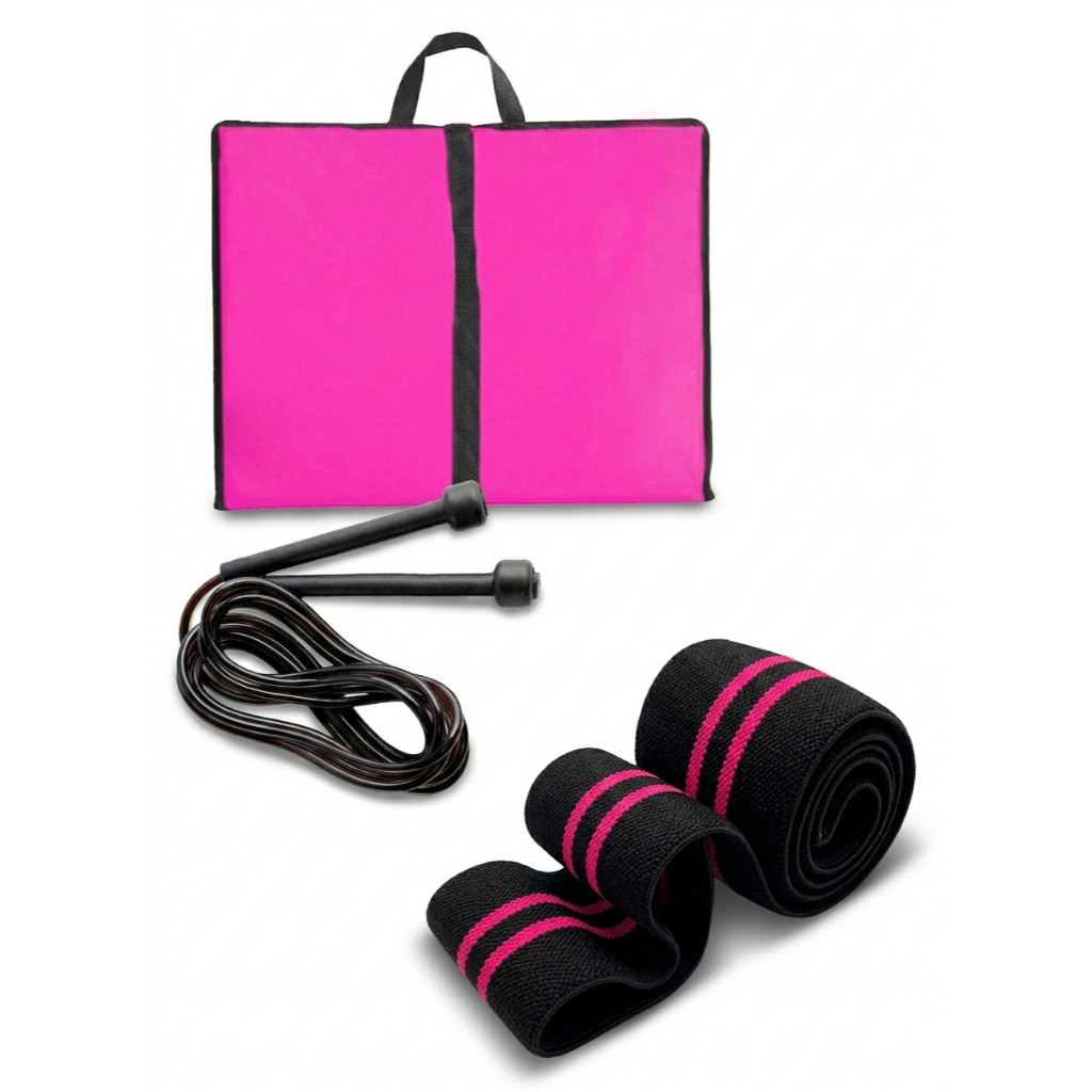 Kit Treino Colchonete Rosa Dobrável Com Corda de Pular Elástico Fitness Treino Academia Casa Pernas