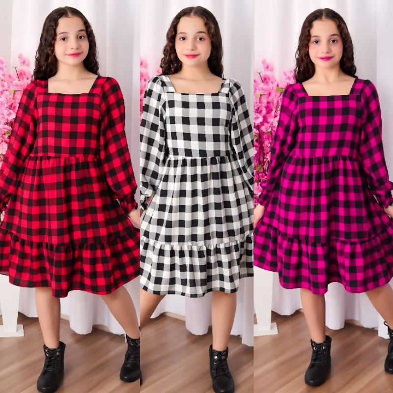 Vestido Curto Infantil Juvenil Xadrez com Manga Longa Moda Menina Casual Elegante Vestido Festa Junina