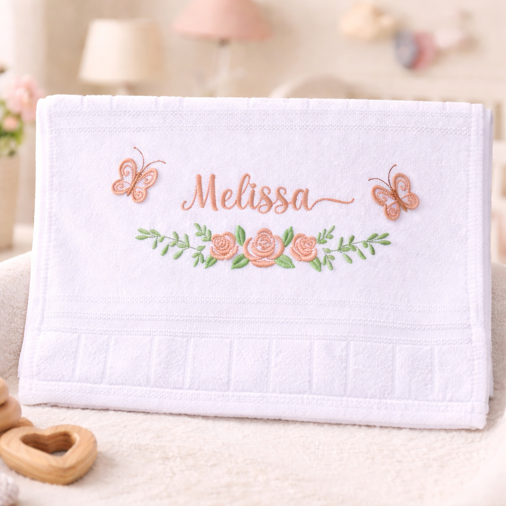 Toalha Lavabo 30x45 Bordada Borboleta 3D / Nome/ Desenho/Oração / Maternidade / Escolar/ Toalha de Mão/ Bebê