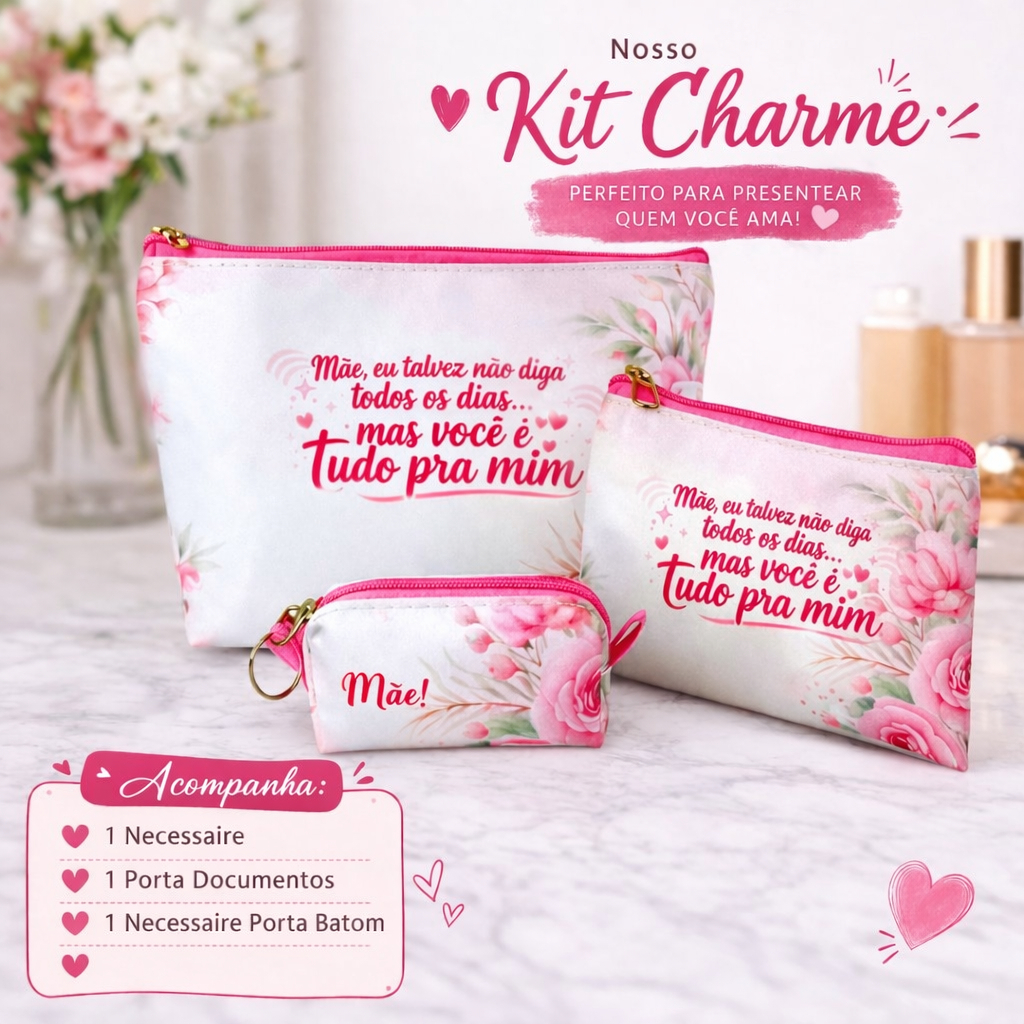 Kit Charme Completo 1 Necessaire + 1 Porta Documentos + 1 Porta Batom + Batom Cor Sortida em Oferta na Shopee