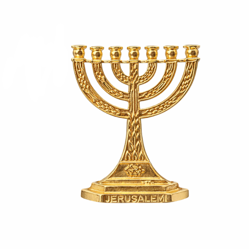 Mini Candelabro Menorah Dourado com Detalhe de Jerusalém - 3,5 cm de Altura