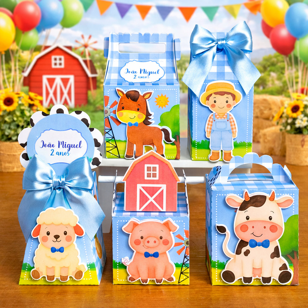Kit Caixinhas Personalizadas Fazendinha Menino Azul | Pegue e Monte | Lembrancinha Aniversário e Festa Infantil