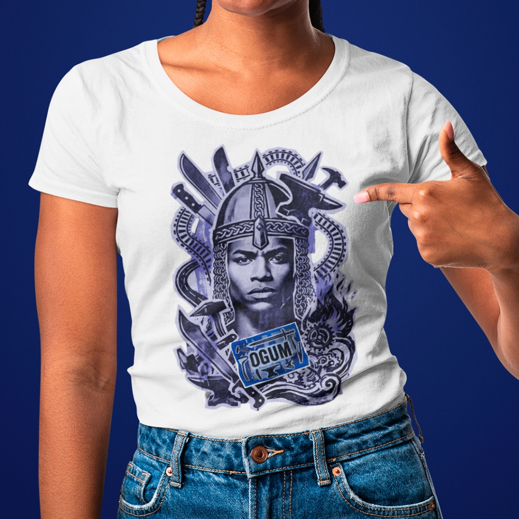 Axé Camisa Rosto Ogum Feminina Baby Look - Branca - Manga Curta, 100% Poliéster