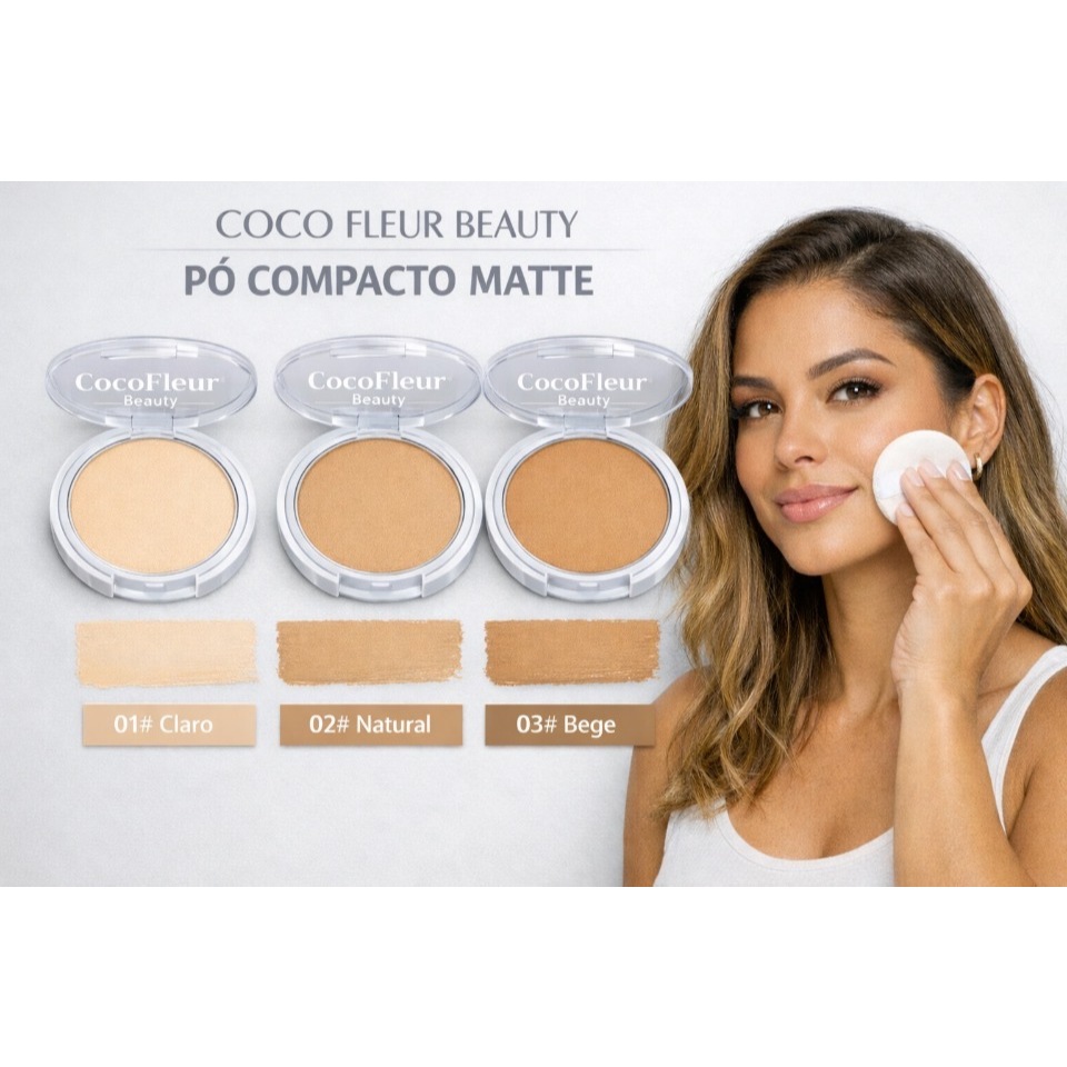 Pó Compacto Base Facial Matte CocoFleur Beauty Alta Cobertura Longa Duração Oil Control