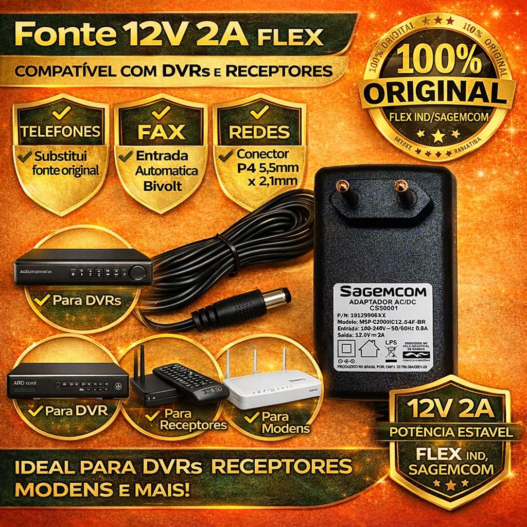 Fonte 12V 2A Bivolt Flex Ind. Sagemcom P4 Para DVR Receptor Modem Roteador