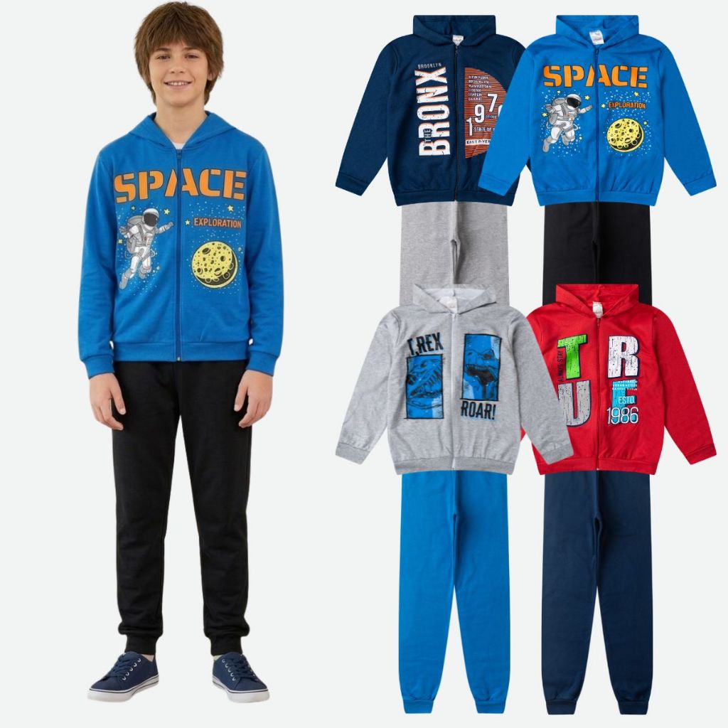 Kit 6 Peças Infantil Masculino Moletom Menino Capuz Zíper 3 Conjuntos Juvenil 10 a 14 anos Inverno