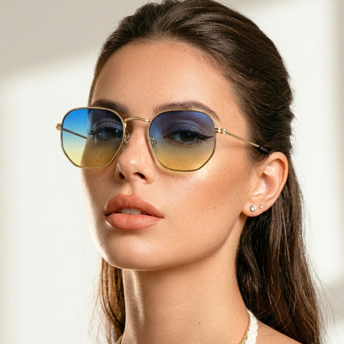Oculos de Sol Hexagonal Classico Azul Degrade Colorido Premium Retro uv400 Mascu