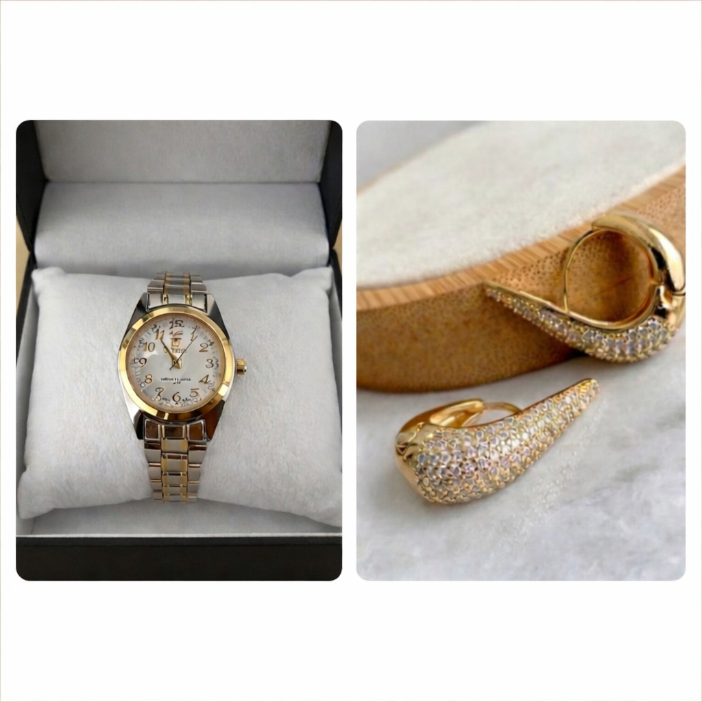 Kit Relogio Feminino ORIMET Retro + Brinco Gota Click Cravejado Dourado Zirconia Folheado a Ouro