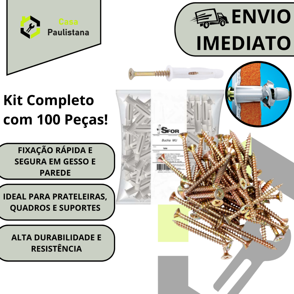 100 Bucha Mu 8mm bucha drywall Tijolo Bloco Drywall + Parafusos Parede Oca