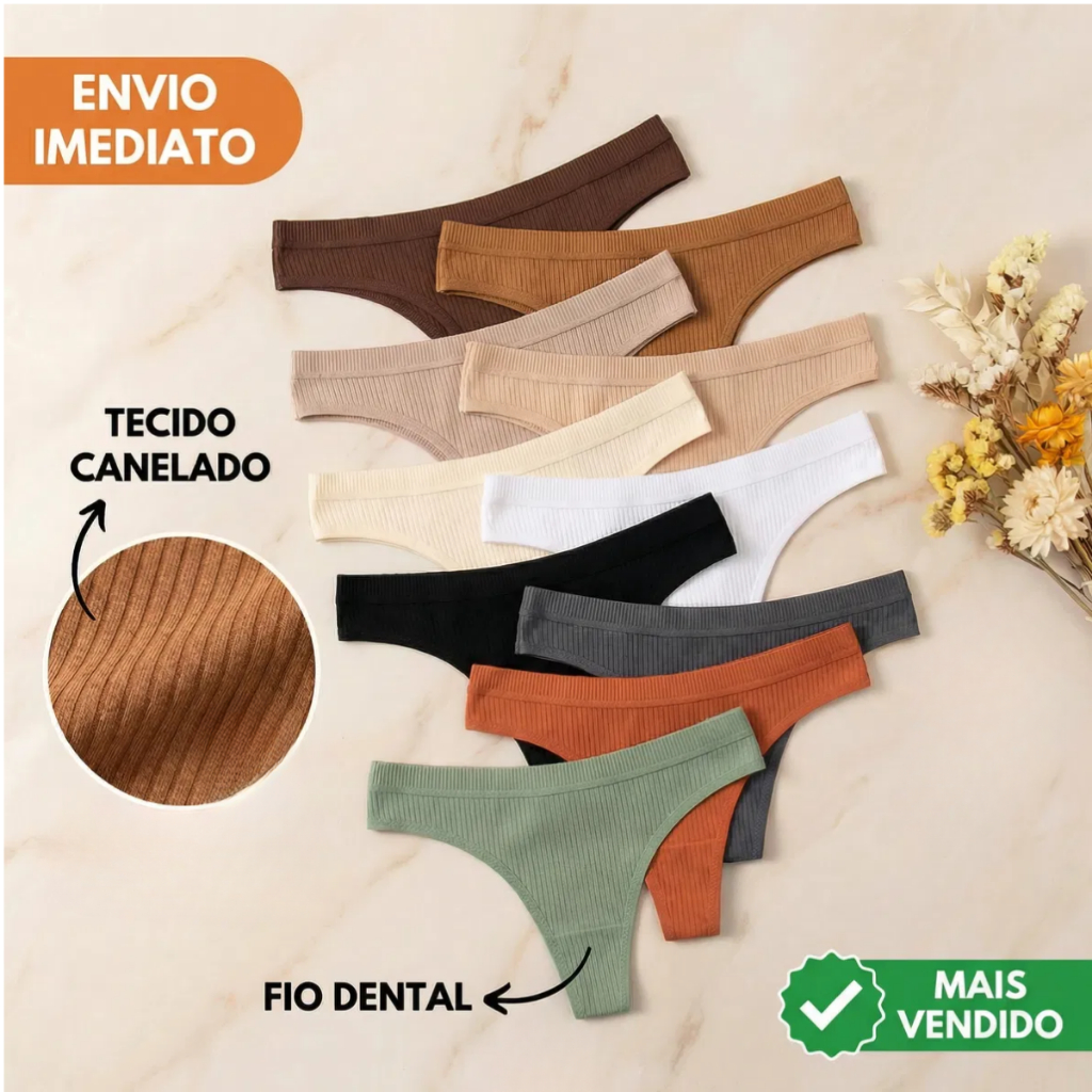 Kit 12, 10 , 8 Ou 4 Calcinhas Fio Dental Ribana Canelada Feminina Sem Costura Premium Adulto