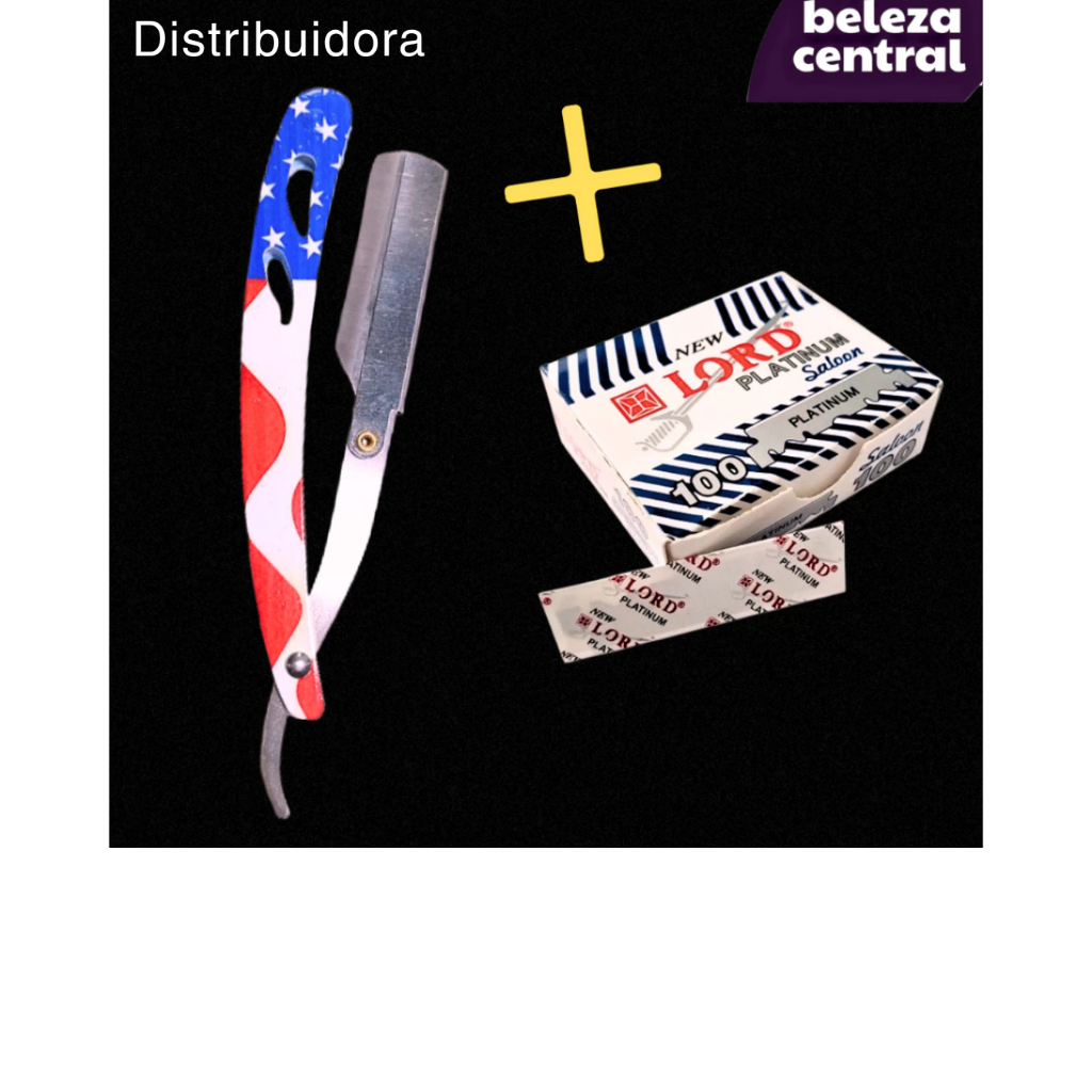 Navalhete Bandeira Americana Aço Inox + Caixinha Lord Platinum 100 Lâminas Cortadas
