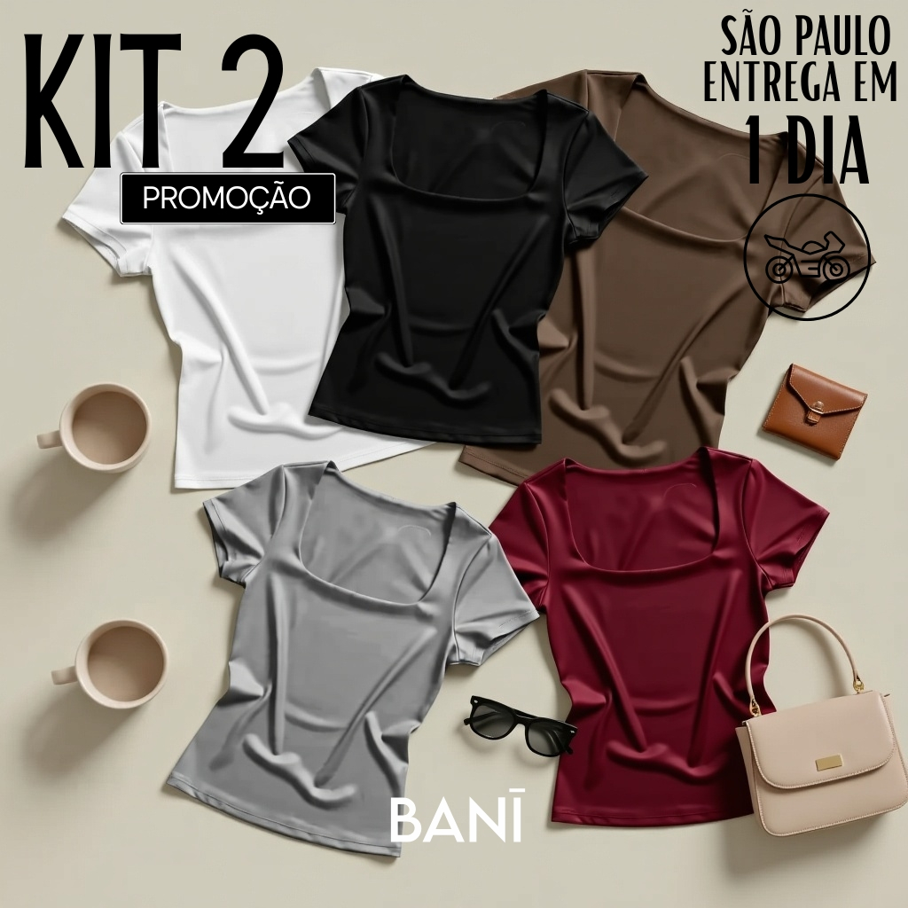 KIT 2 Blusas Manga Curta Decote Quadrado Feminina Babylook Básico Suplex Casual em Oferta na Shopee