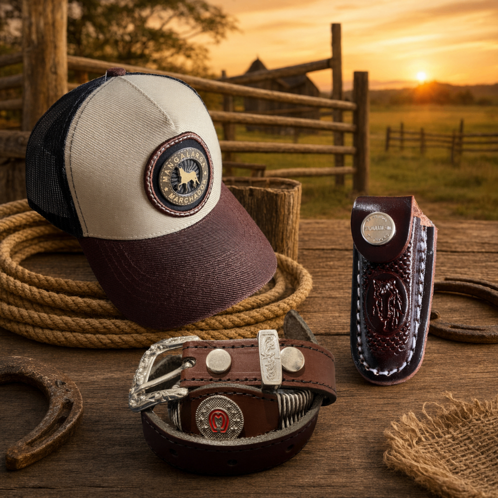 Kit Country Infantil Bone Cinto + Bainha de Canivete em Couro Legitimo