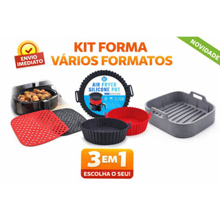 Kit Formas Silicone Para Air Fryer 3 em 1 – Forma Redonda, Cesto Silicone Reforçado, Tapete Silicone