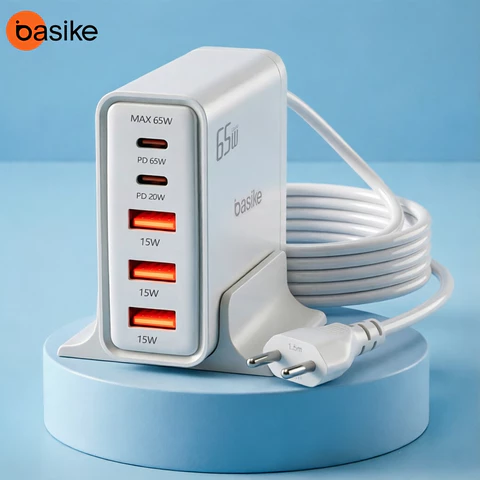 Carregador de Mesa Basike GaN 65W Turbo 5 em 1 3 USB 2 Tipo-C PD QC3.0 Carregamento Rápido Inteligente