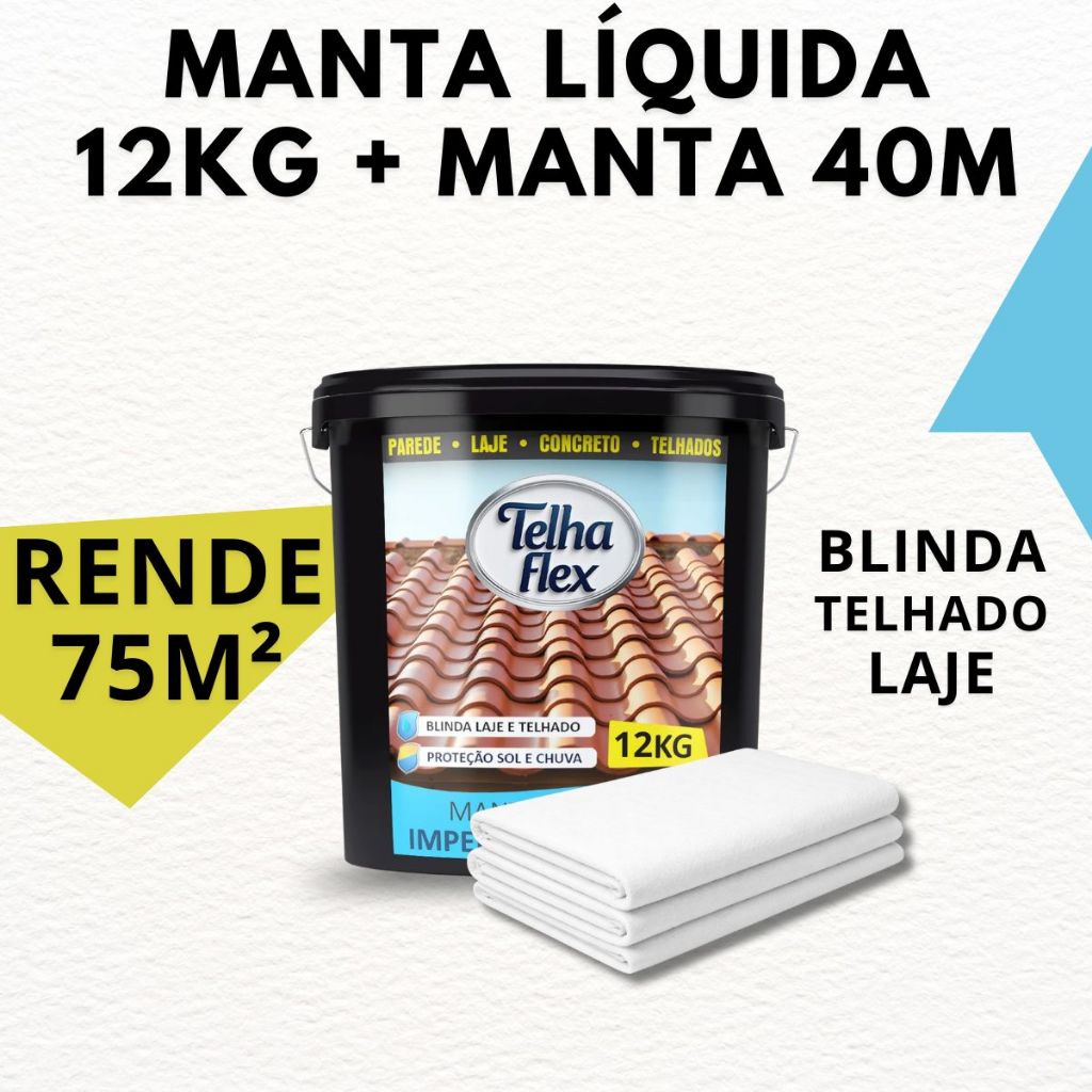Manta Líquida 12kg + Manta Estrutural  VP50 40m Impermeabilizante Para Telhado Laje e Parede Úmida