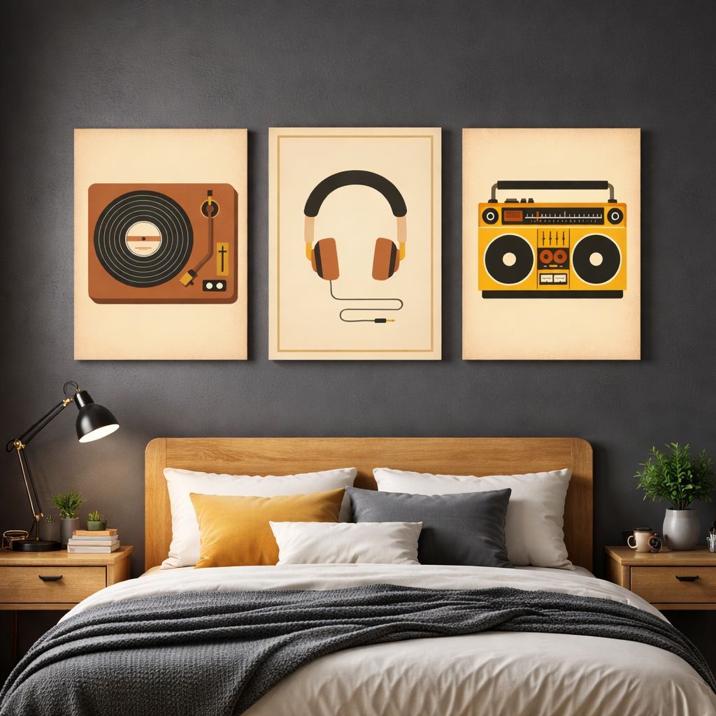 Kit 3 Quadros Decorativos Música Retrô Vinil Fone Rádio Vintage MDF Sem Moldura Sala Quarto