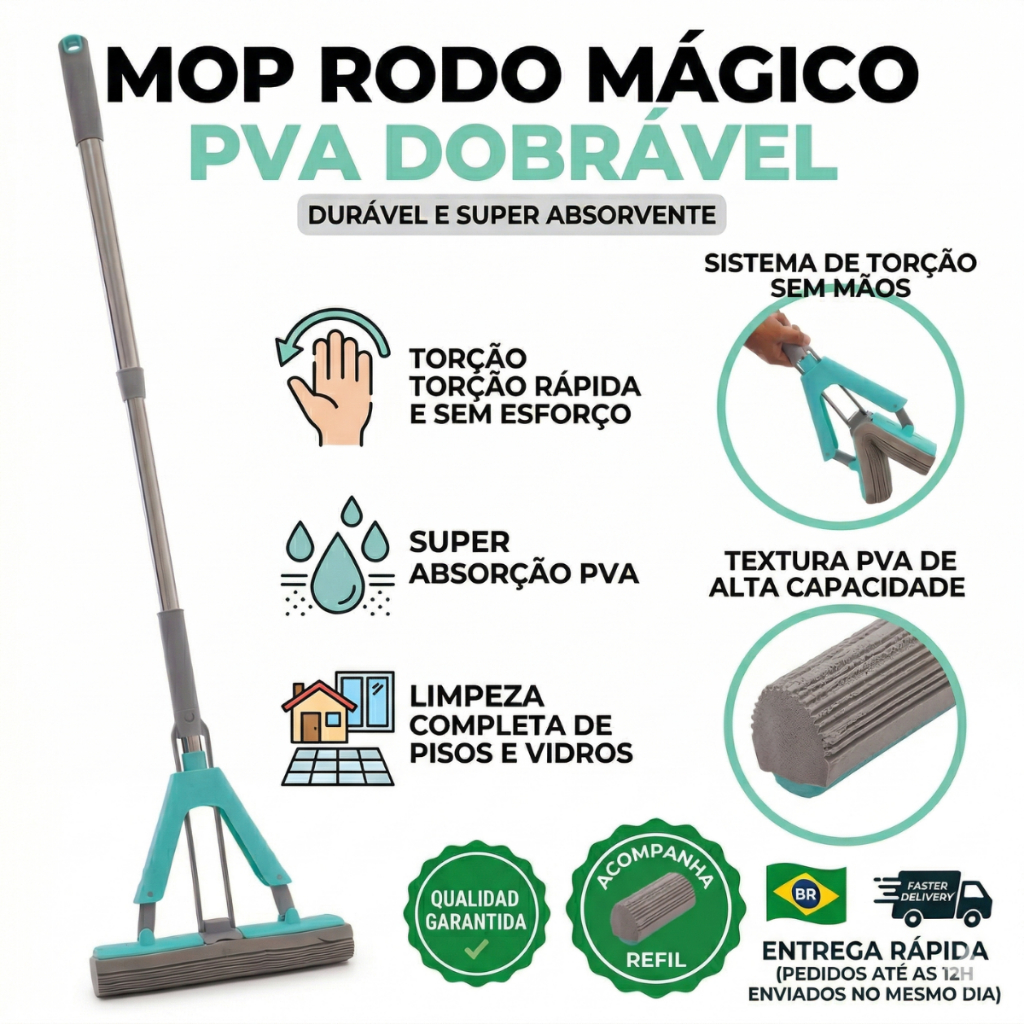 Mop Rodo Mágico Dobrável Absorvente Pva Limpeza Vidros Chão Inox Retrátil com Refil ou apenas refil