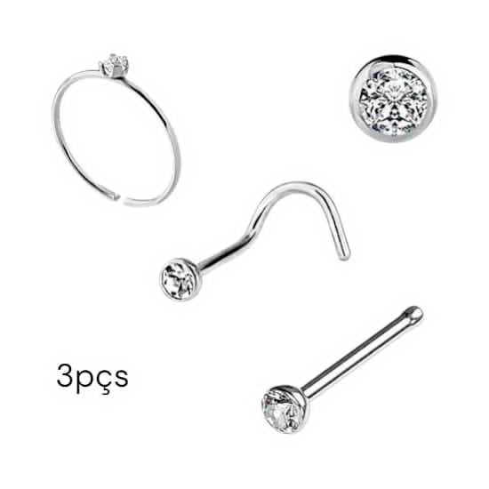Kit Piercing Nariz Aço Inoxidável Antialérgico Não Escurece Nostril Reto Curvado Ponto Luz, Argolinha