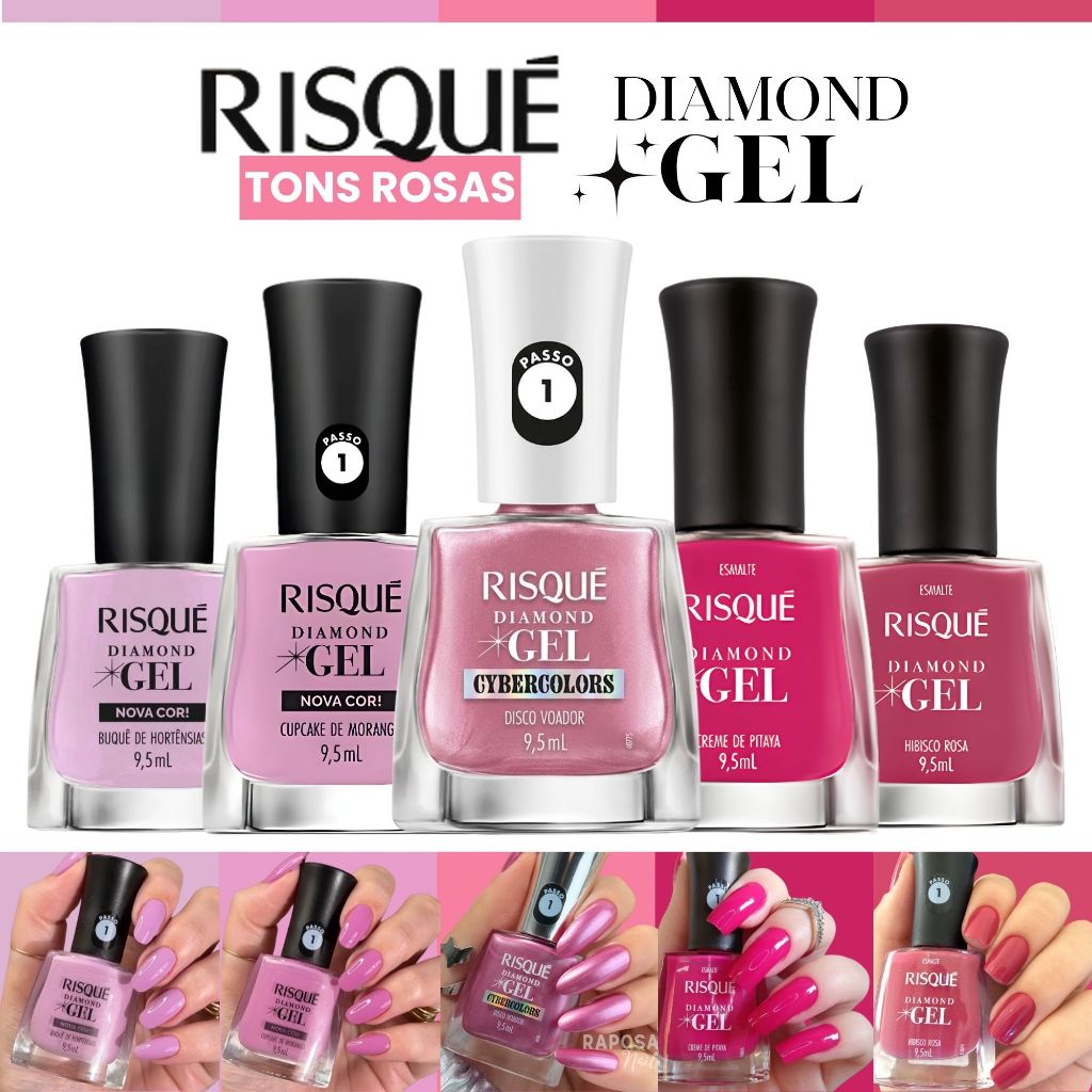 Kit 5 Esmaltes Gel Risque Novas Cores Cybercolors Risque Diamond Gel Tons Rosa Pink Esmalte Atacado