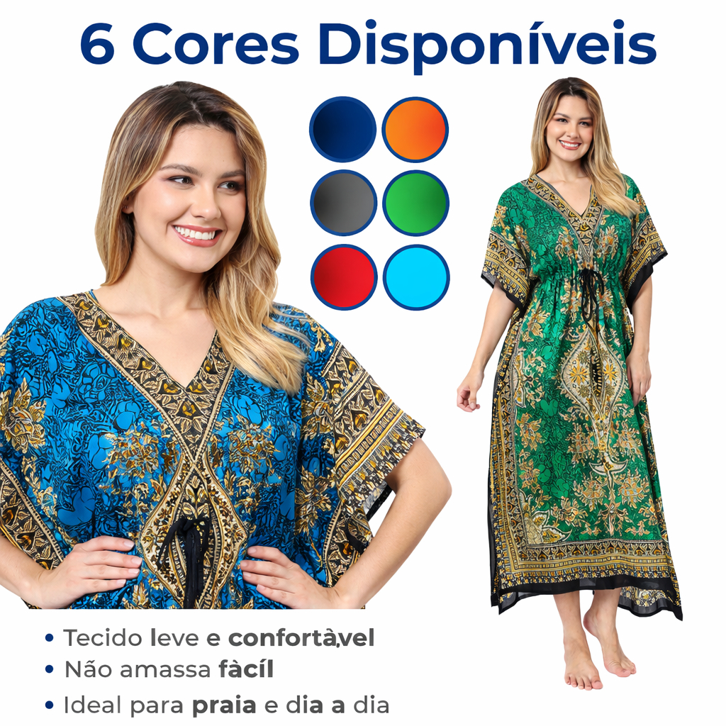 Vestido Kaftan Longa Feminino Moda Hippie Boho Ajustável Plus Size