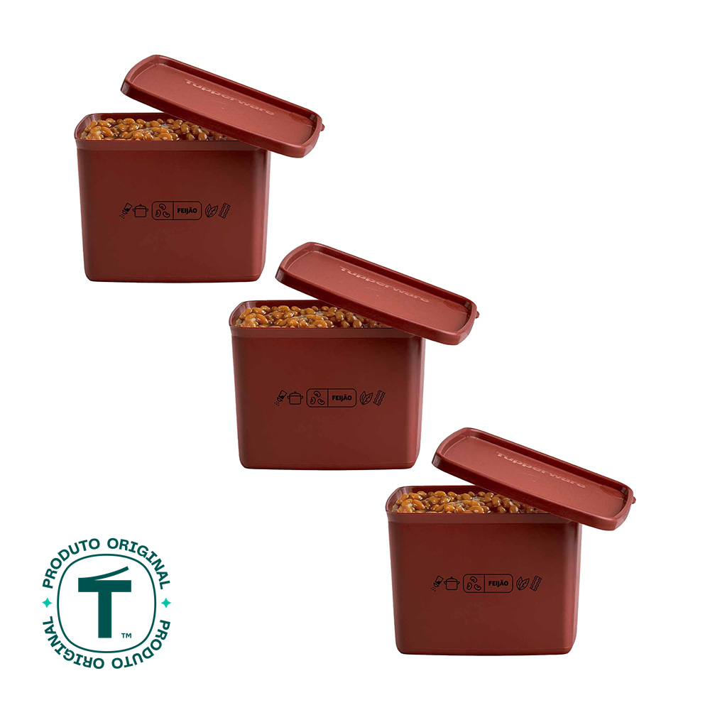 Kit com 3 Potes Herméticos Tupperware Jeitoso Mix Feijão Marrom 800ml