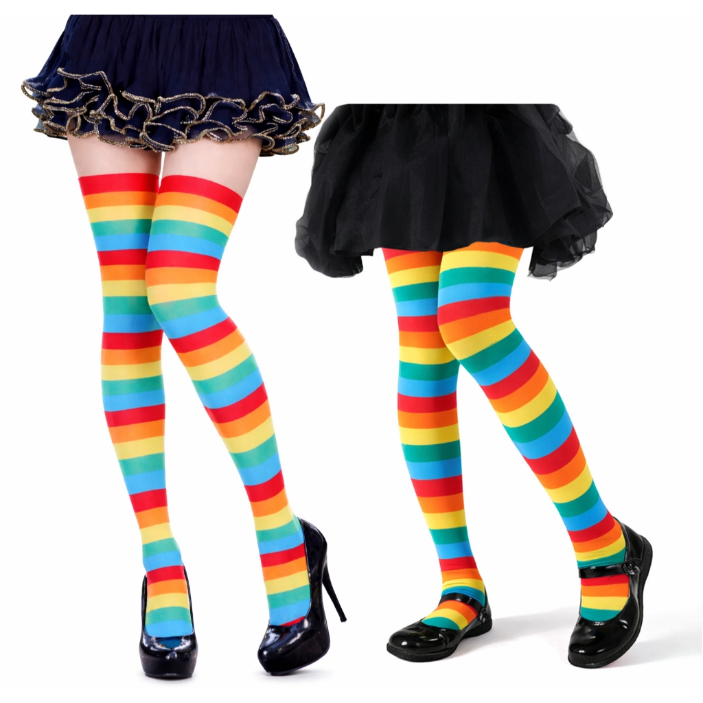 Meia Calça Infantil Arco-Íris Colorida Fantasia - Meia 7/8 Feminina Rainbow Cosplay Festa Adulto