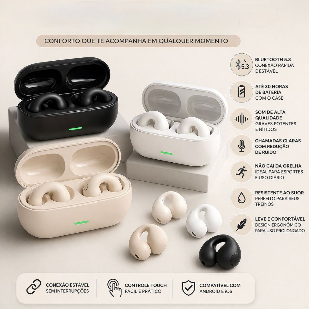Fone Bluetooth Esportivo Condução Òssea Sem Fio Ear Clip  À prova De Suor Acompanha Carregador