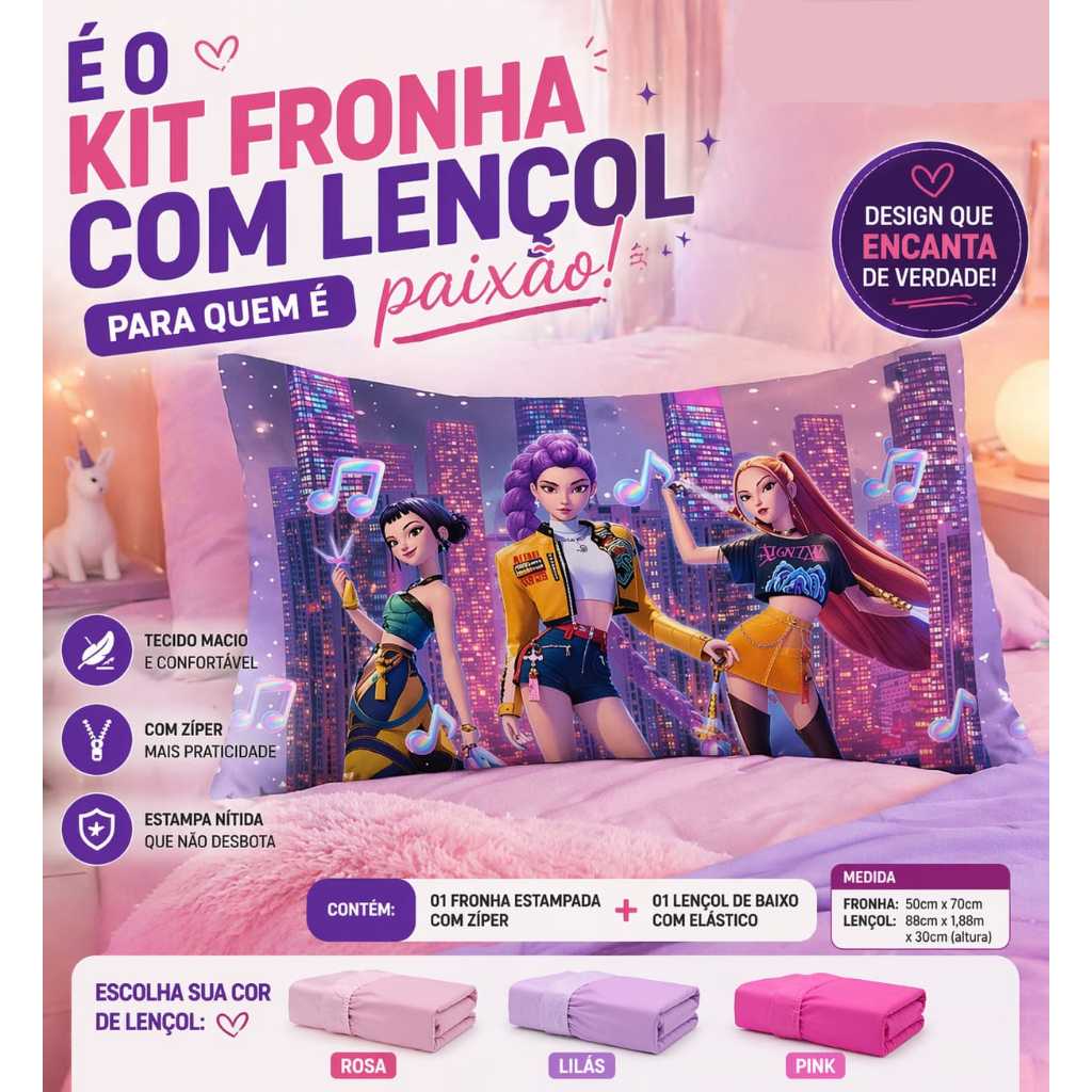 Jogo de Lençol Solteiro/Queen com Fronha Guerreiras do K-Pop Micropercal 400 fios