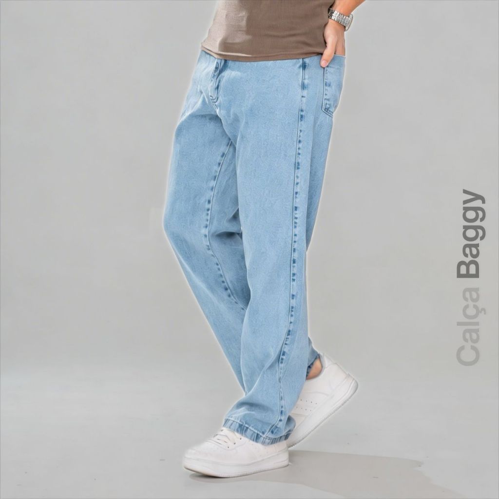 Calça Jeans Balão Baggy Azul Clara Marmorizada Streetwear Larga Skatista Modelagem Reta Premium 36 ao 48
