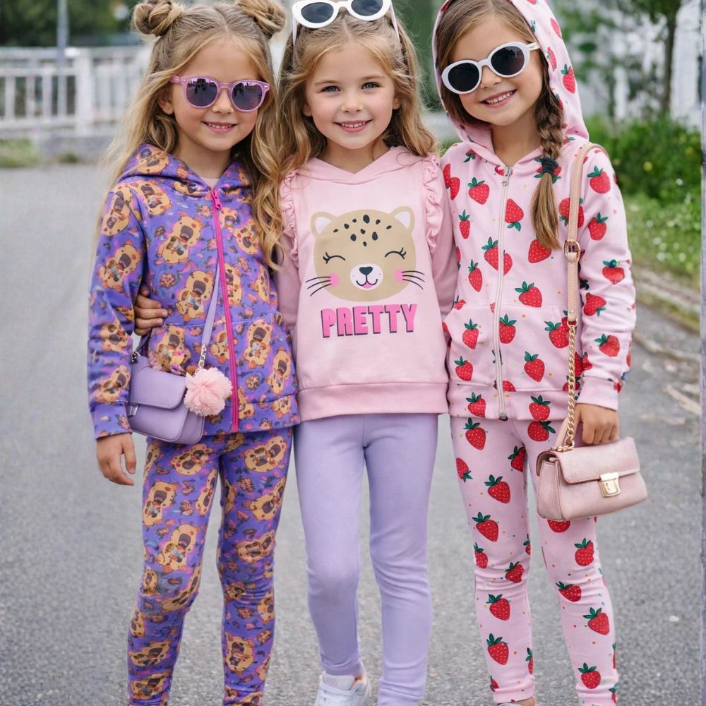 Kit 4 Peças Roupas Inverno Infantil Menina – 2 Casacos + 2 Calças Moletom - ESTAMPAS SORTIDAS